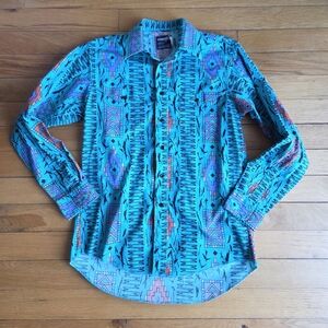 Vintage Wrangler Turquoise and Peach Western Cowboy Cut Patterned Shirt